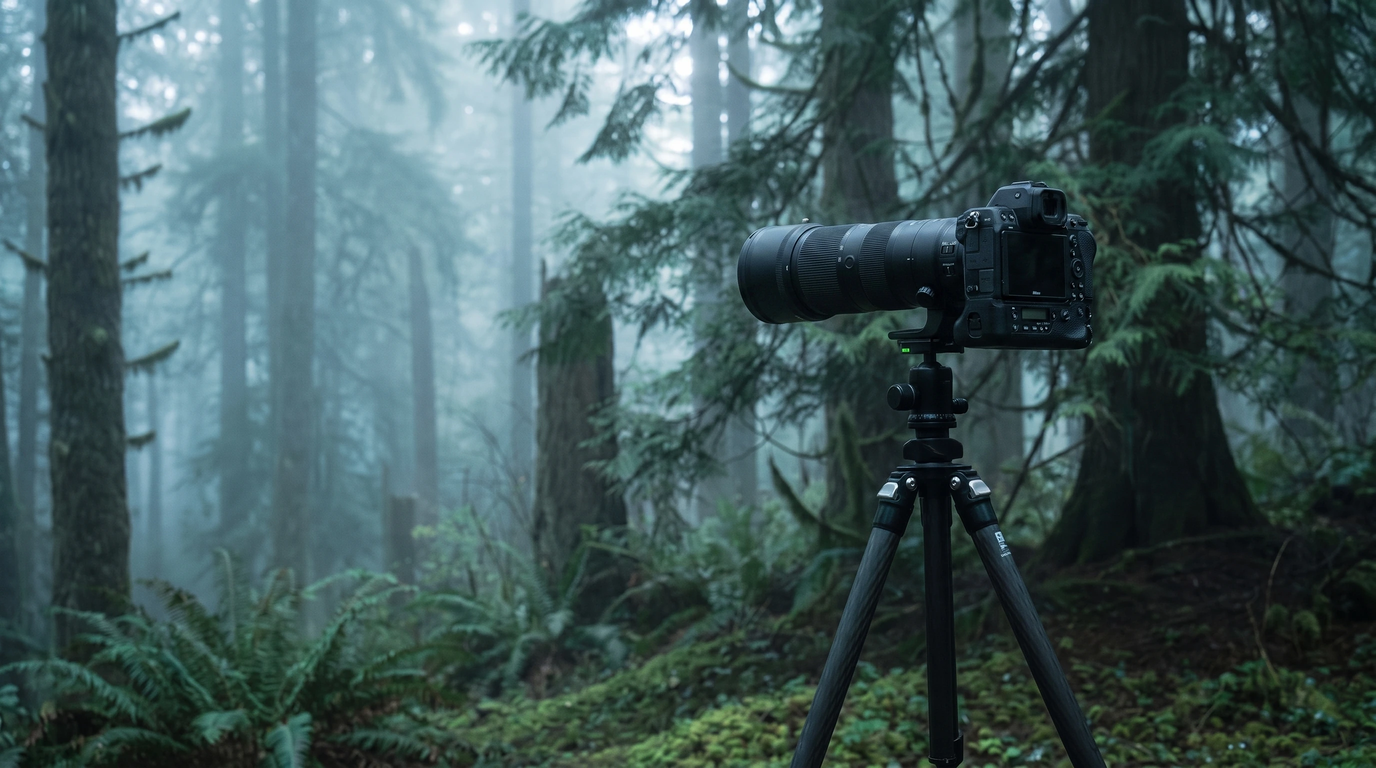 Nikon Z8 s teleobjektivem na stativu v mlžném lese